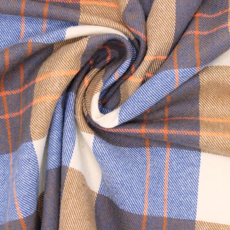 Tissu jacquard coton gratté carreaux - bleu et beige