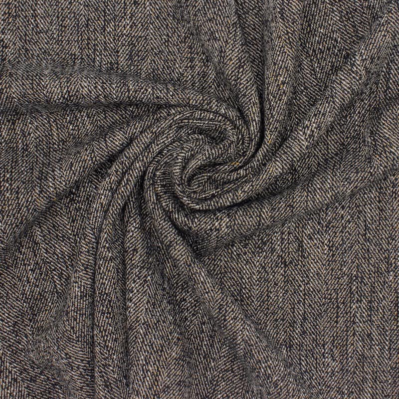 Fabric in wool and cotton with herringbone pattern - black & beige 