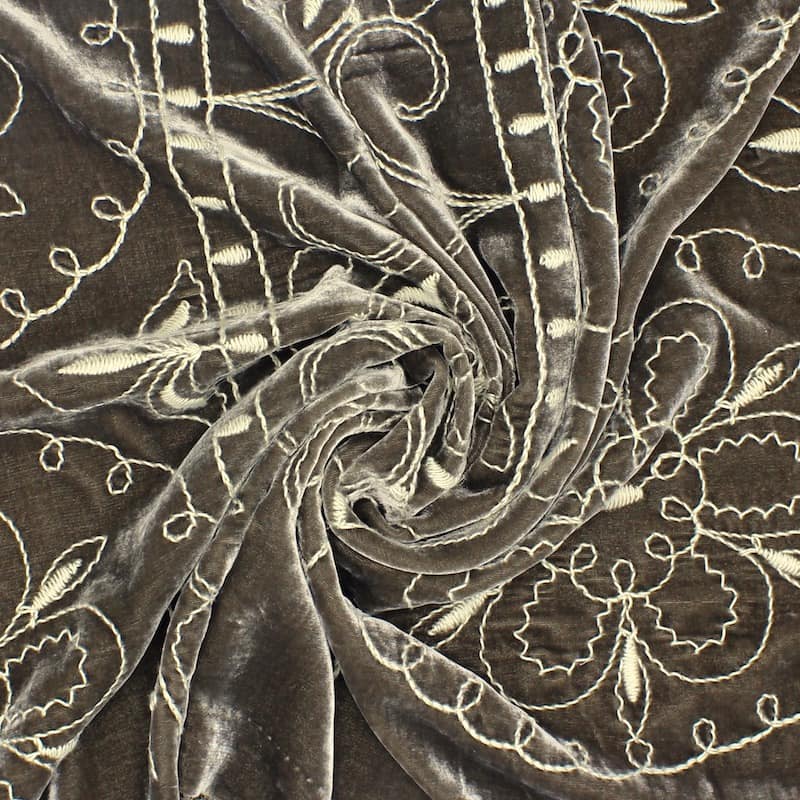 Embroidered velvet fabric - brown