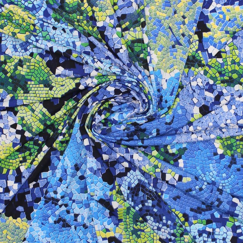 Gebreide polyester stof met mozaïken - blauw 