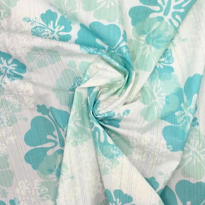 100% cotton with flowers - white and aqua 