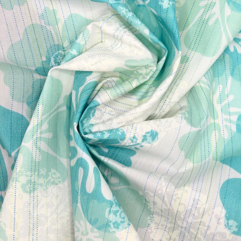 100% cotton with flowers - white and aqua 