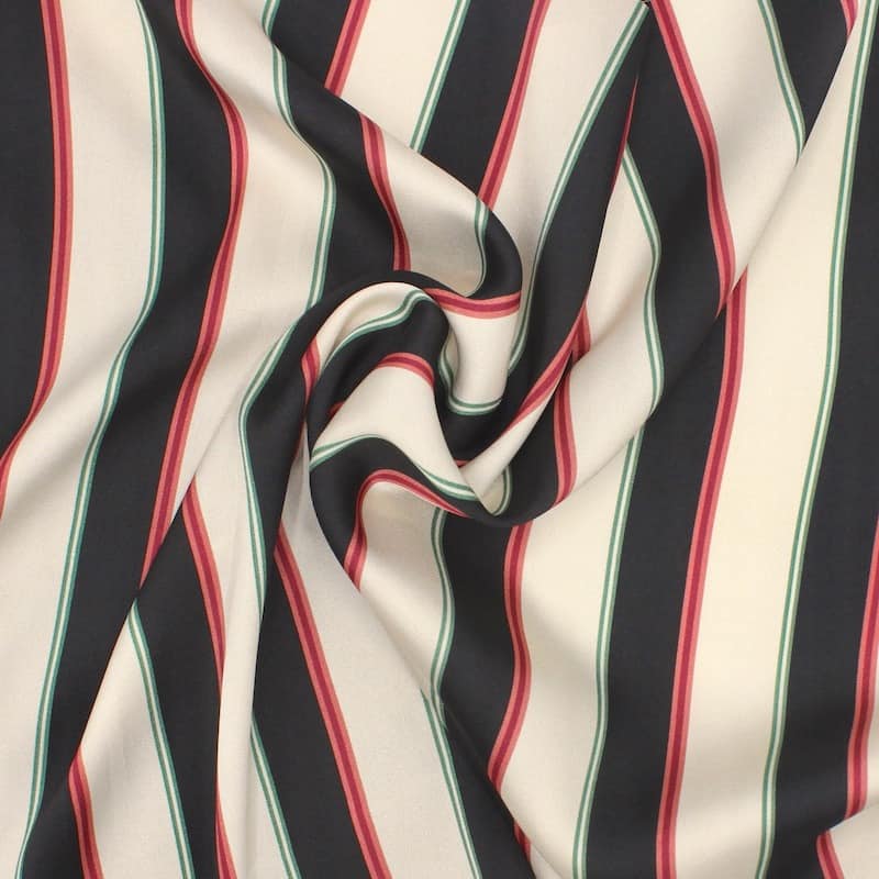 Satin twill fabric with vertical stripes - ecru and black 