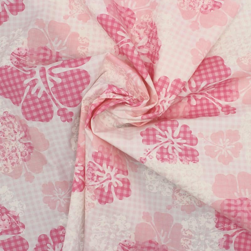 Extensible cotton with flowers - white and pink 
