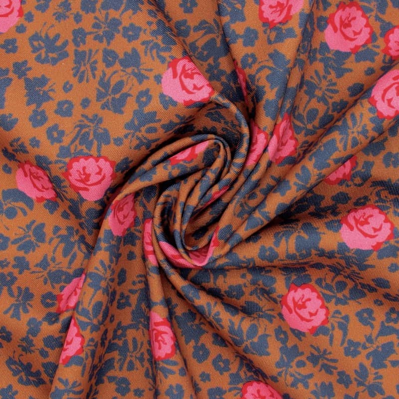 Cotton twill fabric with roses - rust and blue 