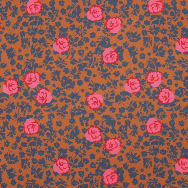 Cotton twill fabric with roses - rust and blue 