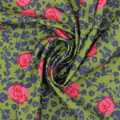 Cotton twill fabric with roses - khaki