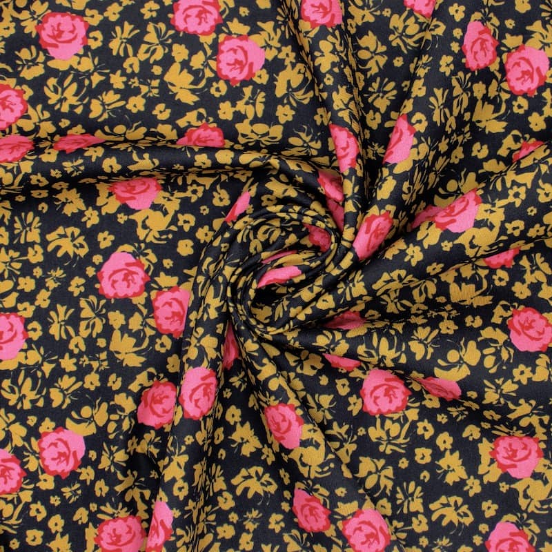Cotton twill fabric with roses - black