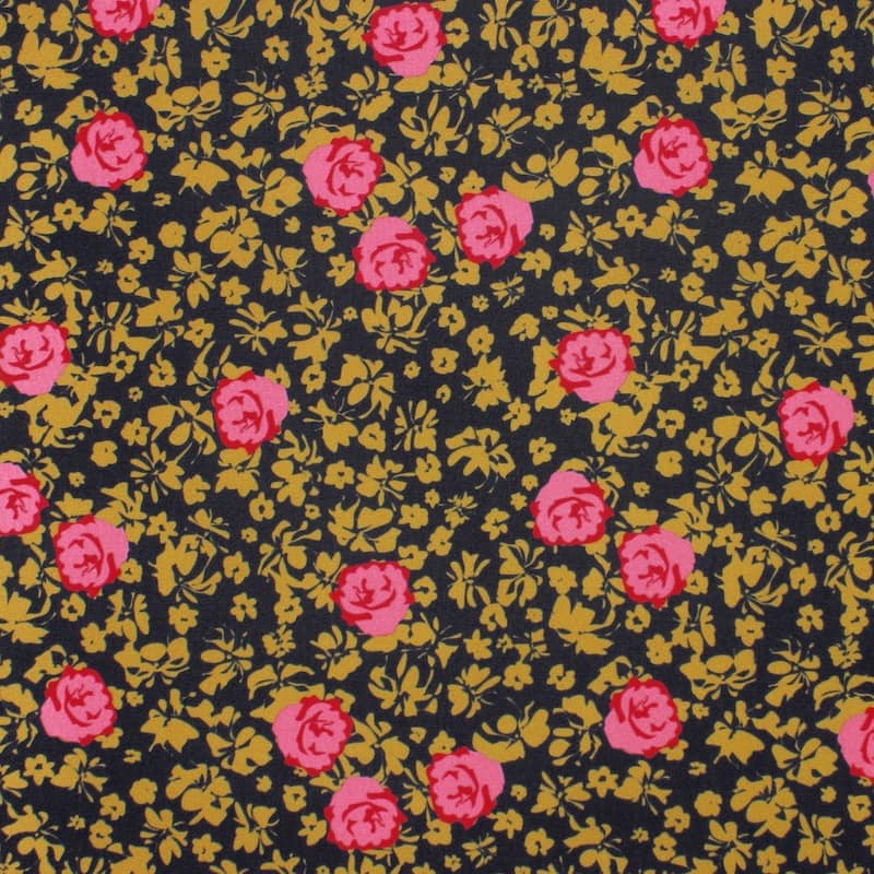 Cotton twill fabric with roses - black
