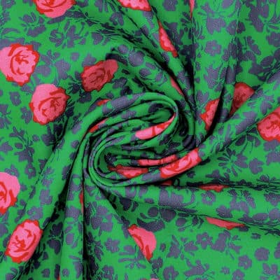 Cotton twill fabric with roses - green