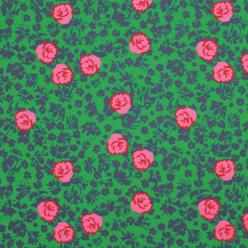 Cotton twill fabric with roses - green