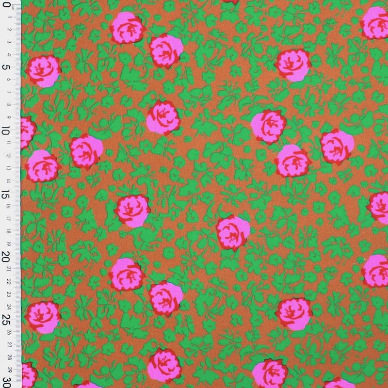 Cotton twill fabric with roses - rust and green
