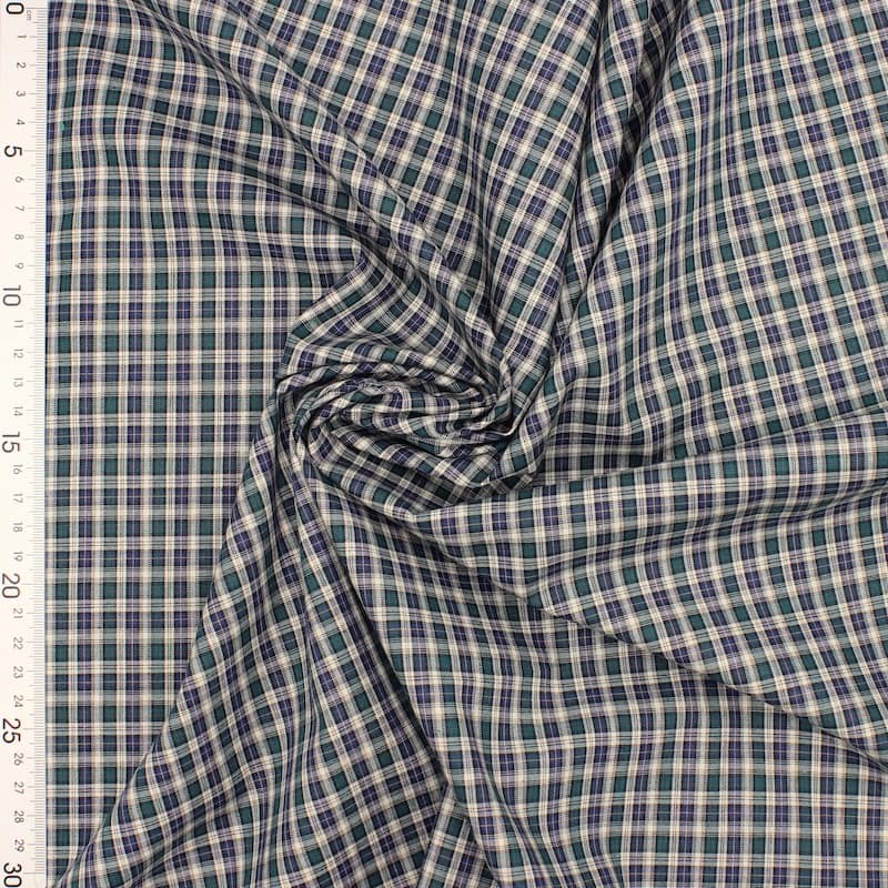 Checkered cotton fabric - green and navy blue 