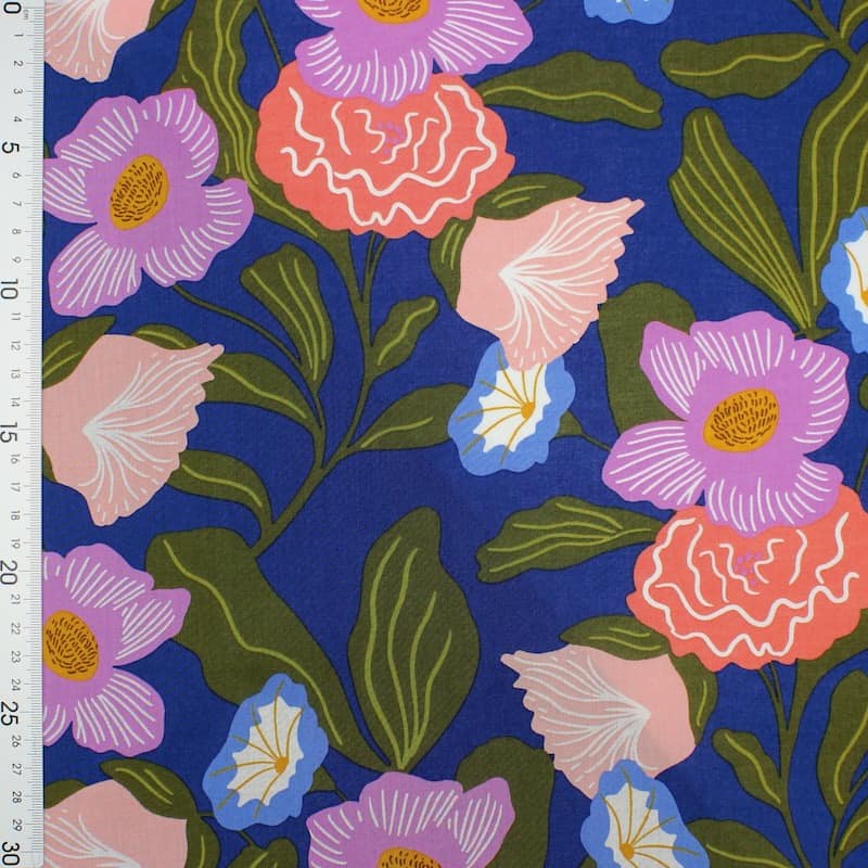 Cotton with flowers - marineblauw
