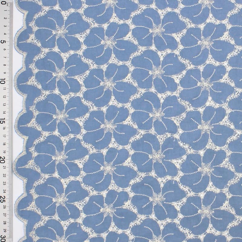 Embroidered cotton fabric - denim blue 