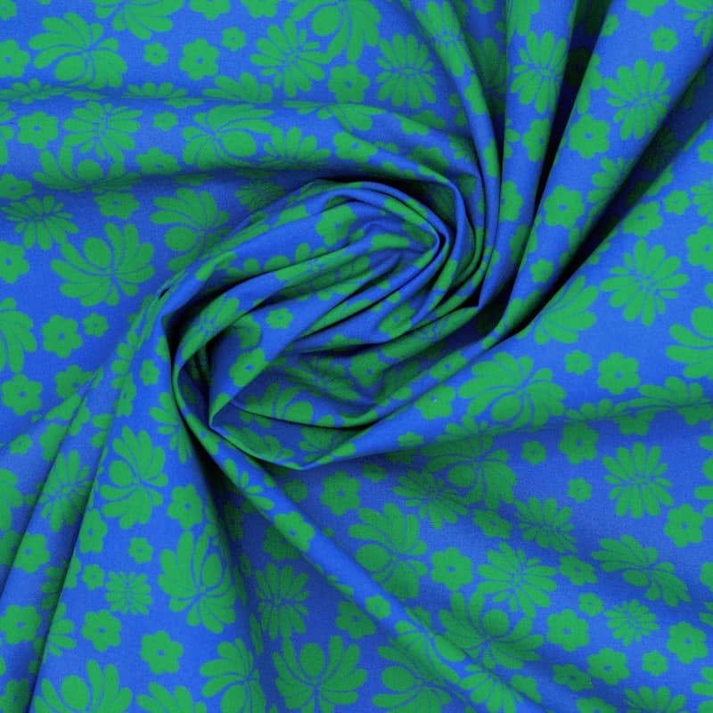Popeline coton fleur - bleu / vert
