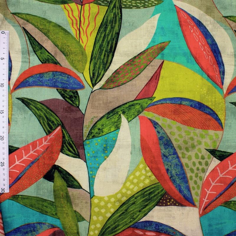 Fabric in viscose and linen with foliage - multicolored