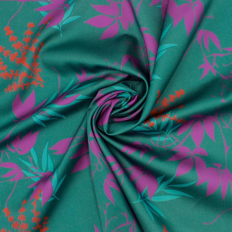 Cotton satin fabric with flowers - teal