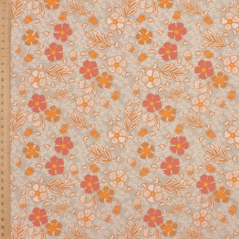 Poplin cotton with flowers - beige and orange