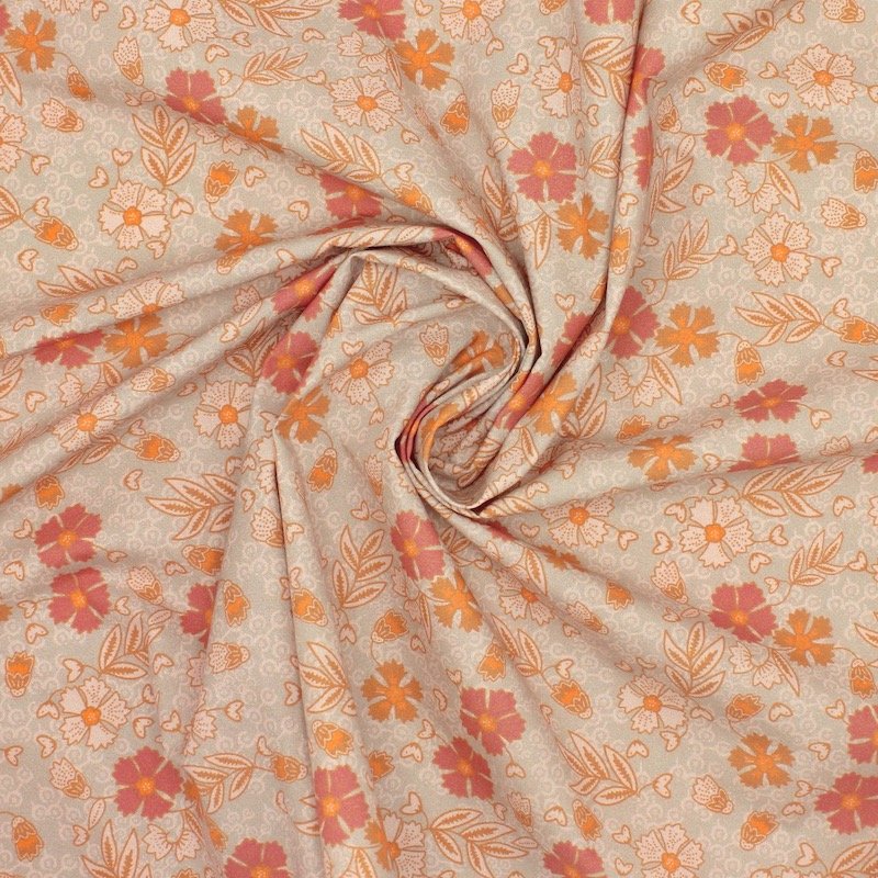 Popeline coton fleurs - beige et orange