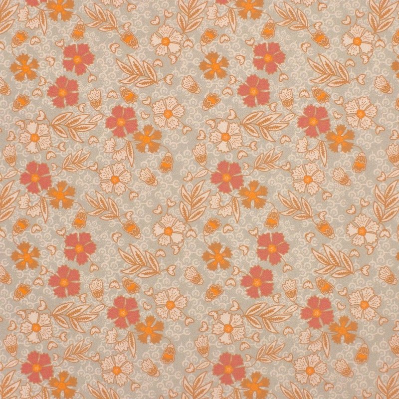 Popeline coton fleurs - beige et orange