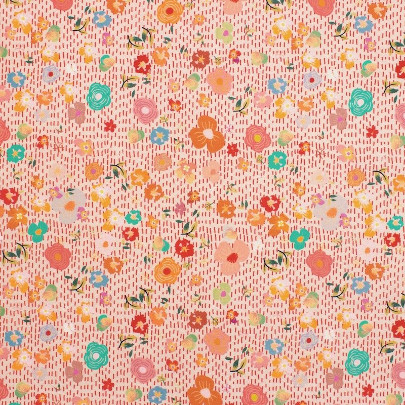 Cotton poplin with flowers - beige / coral