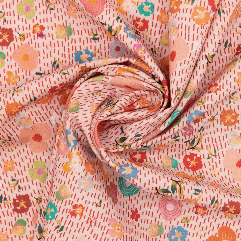 Cotton poplin with flowers - beige / coral