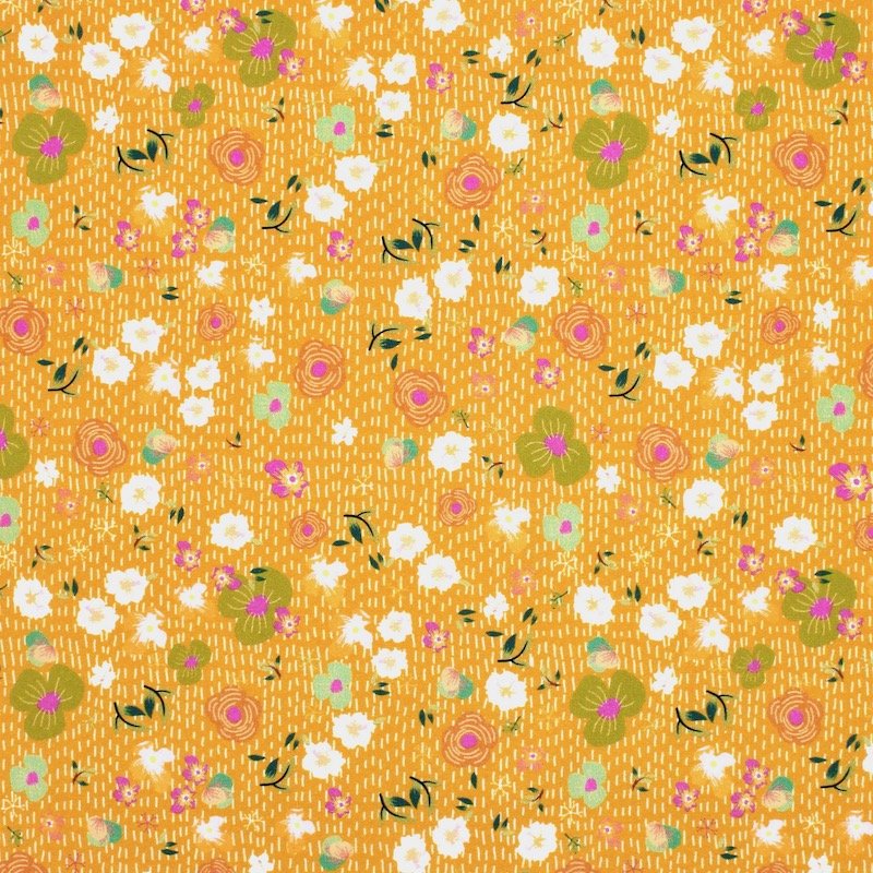Cotton poplin with flowers - mustard yellow