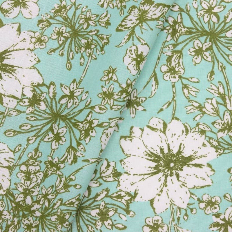 Coated cotton with flowers - aqua 
