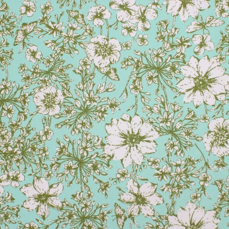 Coated cotton with flowers - aqua 