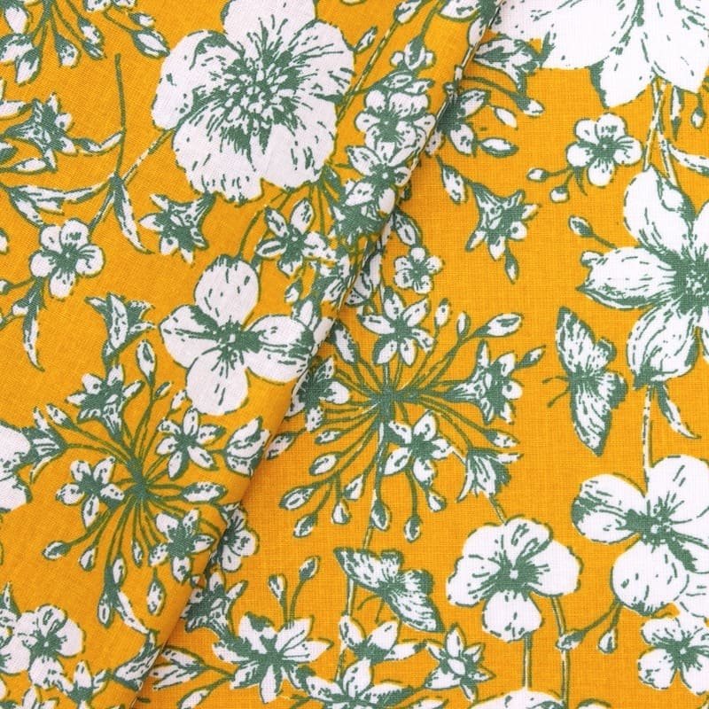 Coated cotton with flowers - ochre