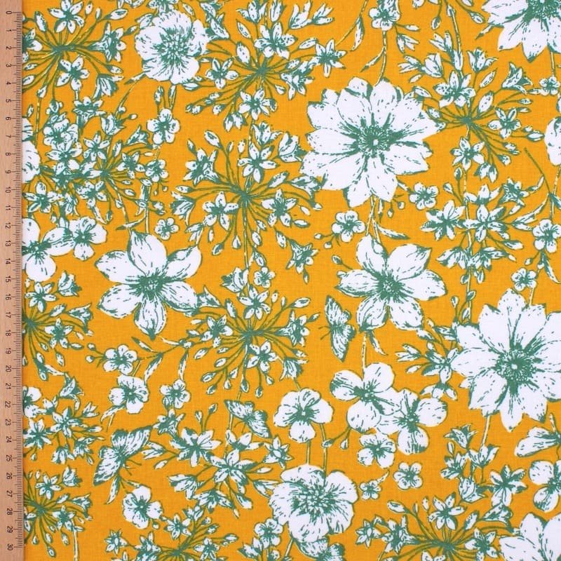 Tissu coton enduit fleurs - ocre