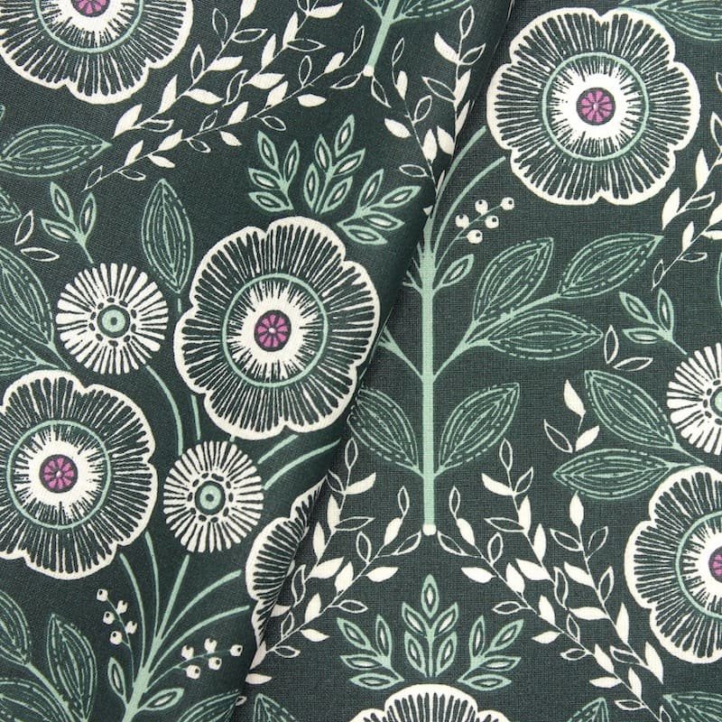 Coated cotton with flowers - green 