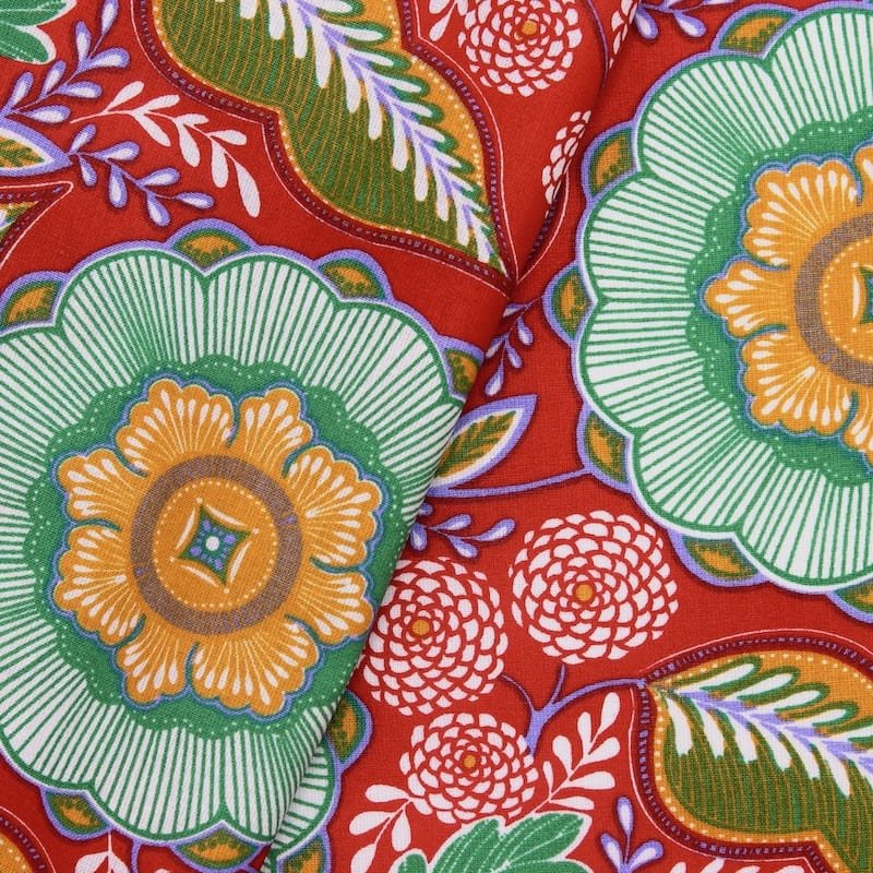 Tissu coton enduit floral - rouge