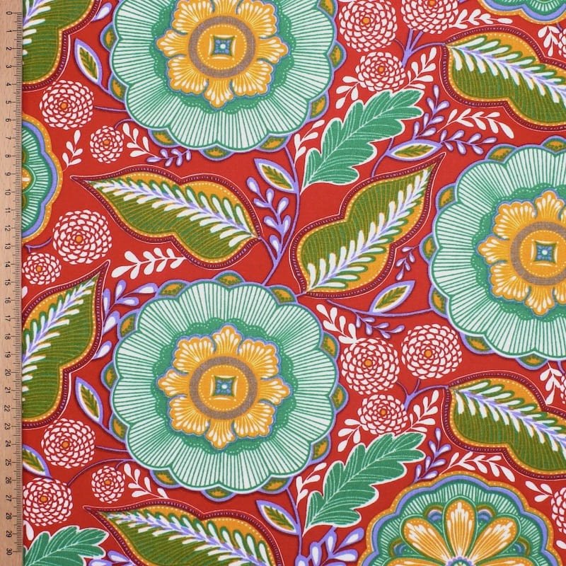 Tissu coton enduit floral - rouge