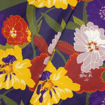Cotton cloth with basket weaving and flowers - multicolored