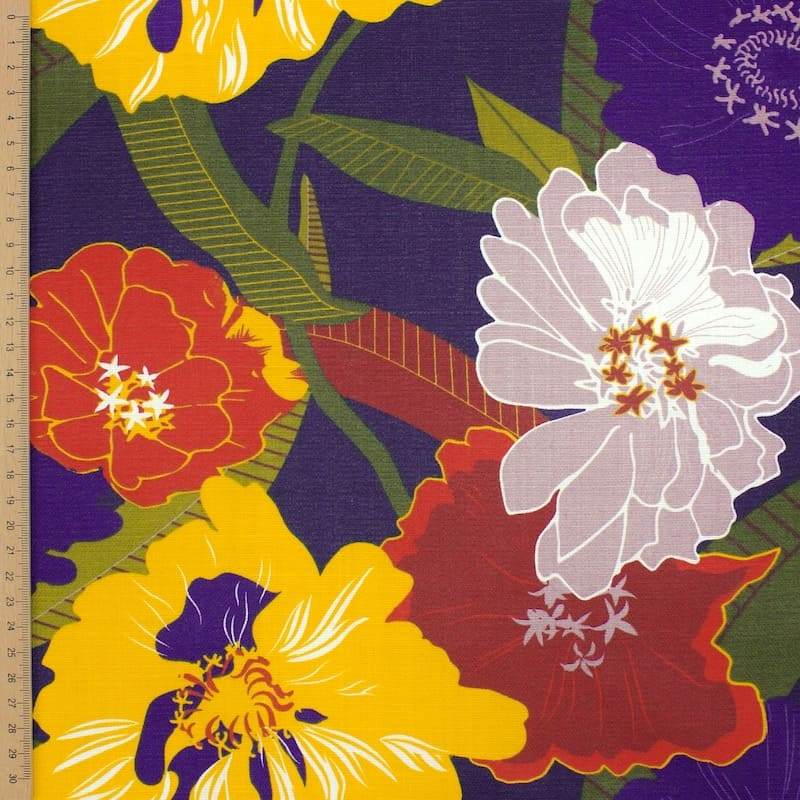 Toile coton natté enduit fleurs - multicolore