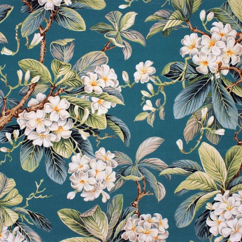 Emerised cotton with flowers - teal