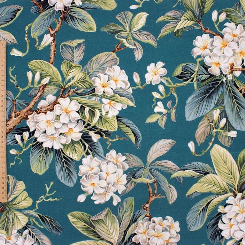 Emerised cotton with flowers - teal