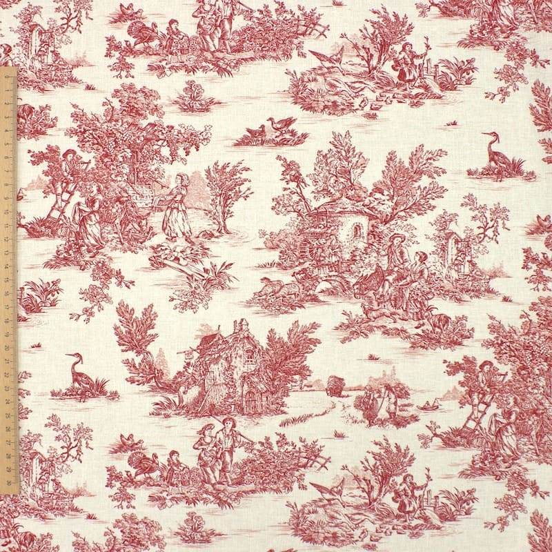 Tissu coton imprimé toile de jouy - bordeaux