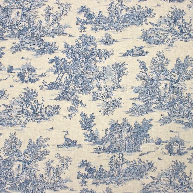 Tissu coton imprimé toile de jouy - bleu
