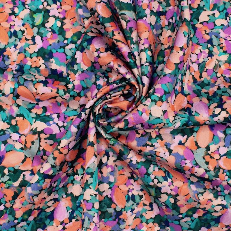 Cotton satin fabric with flowers - multicolored