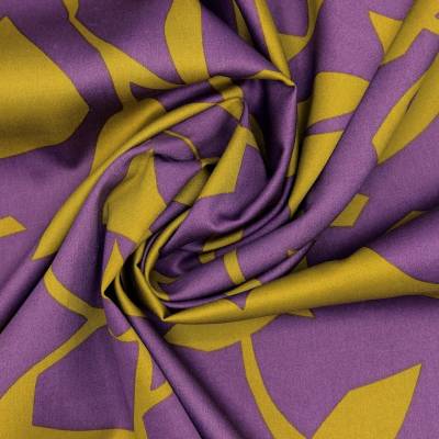 Cotton satin fabric with graphic print - purple and mustard-yellow