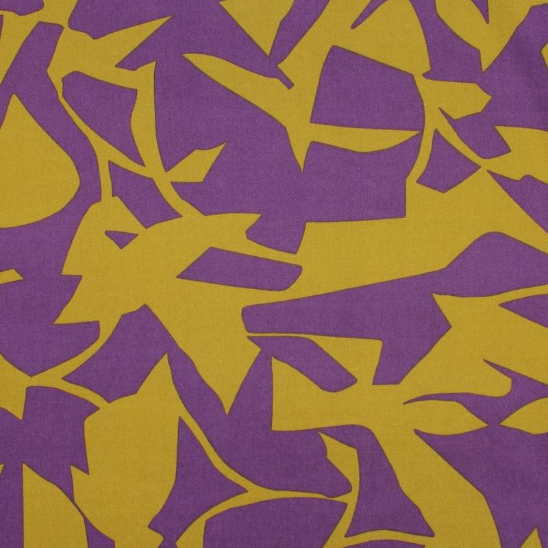 Cotton satin fabric with graphic print - purple and mustard-yellow