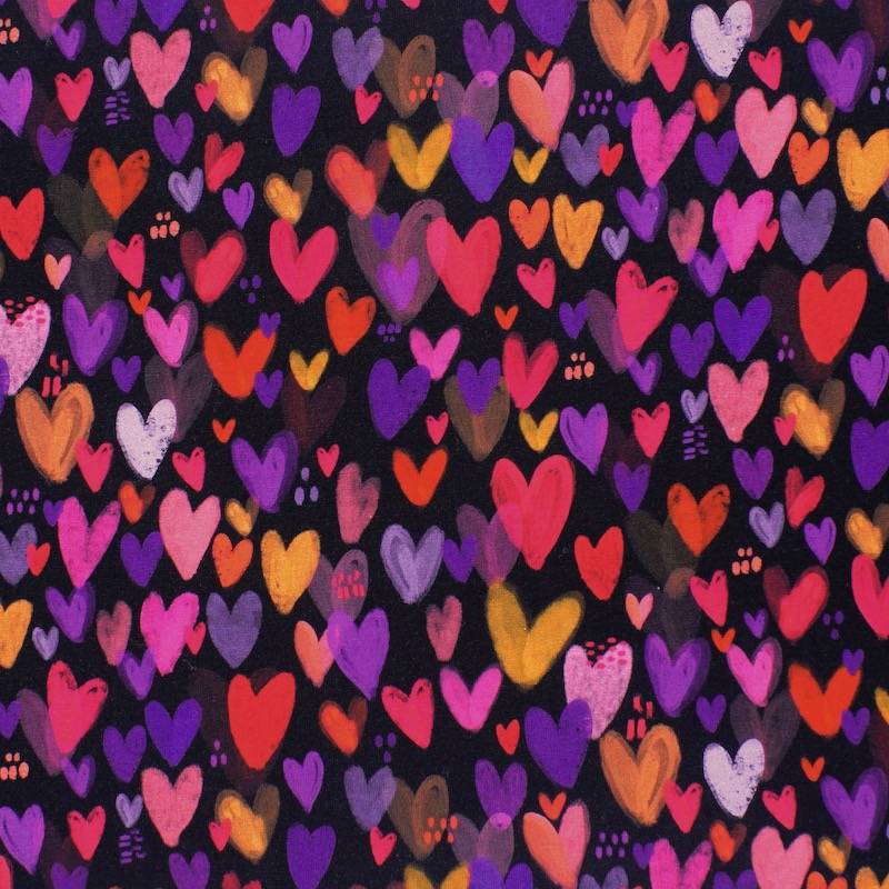 Jersey fabric with digital printing of hearts - black 