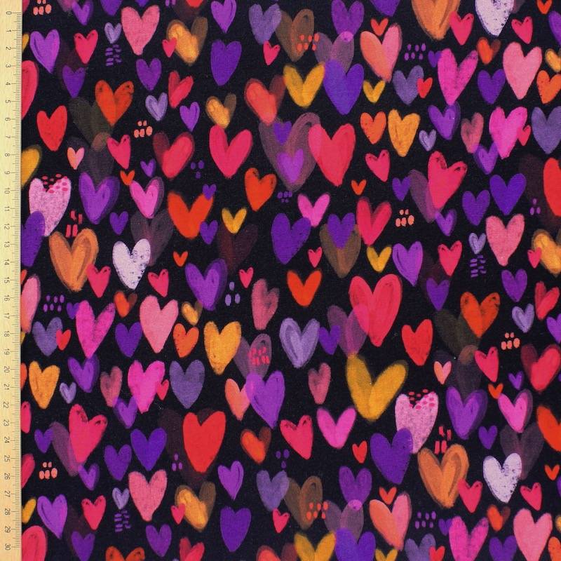 Jersey fabric with digital printing of hearts - black 