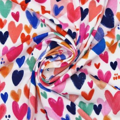 Jersey fabric with digital printing of hearts - white