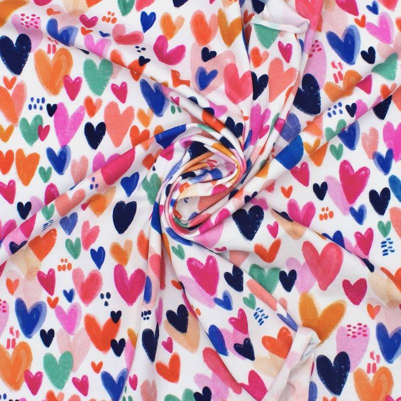Jersey fabric with digital printing of hearts - white