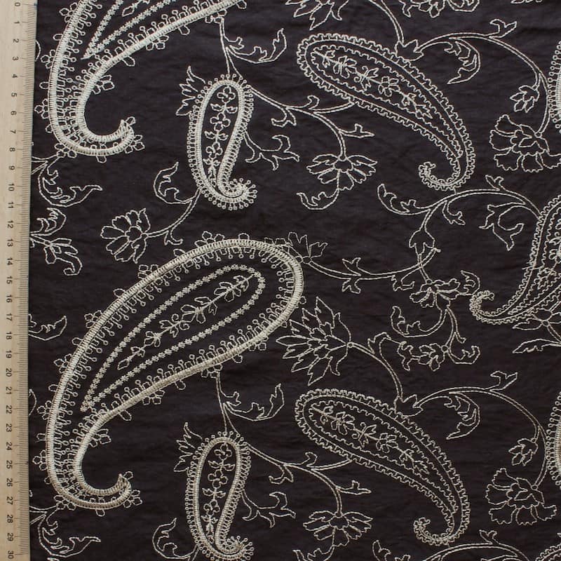 Black wild silk with beige embroidered design