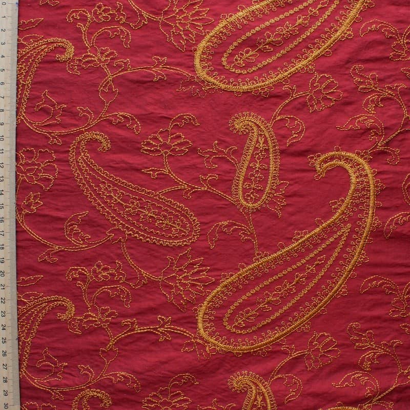 Garnet red wild silk with orange embroidered design
